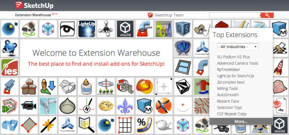 Databáze doplňků SketchUp Extension Warehouse. Zdroj: Trimble