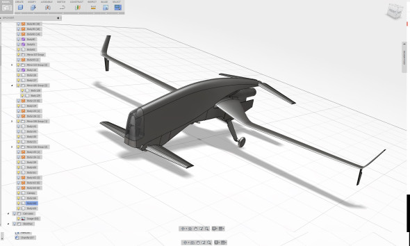 3D model dronu zkonstruovaného v cloudovém CAD softwaru Fusion 360. Další projekty jeho uživatelů můžete vidět na webu http://fusion360.autodesk.com/projects. Zdroj: Autodesk/Jordan Pelovitz