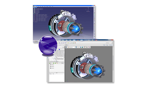 Ukázka 3D sestavy v systému Catia V5 (vzadu) a její export do 3D PDF. Zdroj: Theorem Solutions