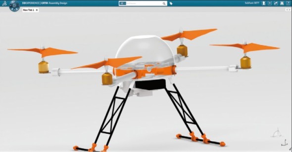 Virtuální prototyp kvadrokoptéry zkompletovaný v on-line aplikaci Catia Assembly Design.
