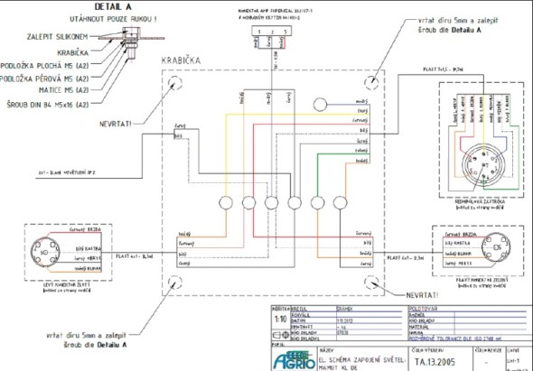 Elektrické schéma osvětlení postřikovače připravené v aplikaci AutoCAD Mechanical.