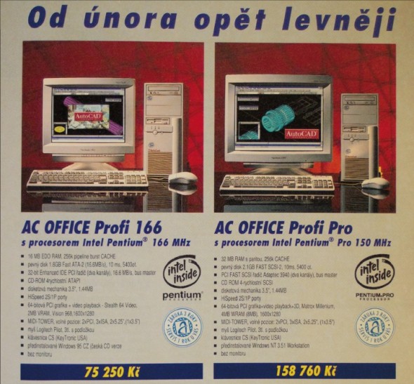Inzerát společnosti AutoCont z roku 1996, nabízející počítače pro uživatele CAD softwaru.