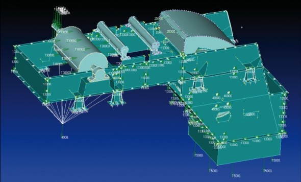 Ukázka podsestavy samonosné plechové konstrukce, připravené pro zpracování ve Femapu.