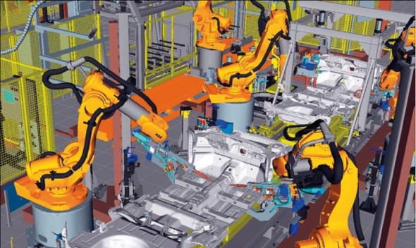 Detailní virtuální simulace robotizovaného stanoviště linky z továrny v Torslandě, kde jsou sestavovány karoserie vozů Volvo V70 a V60, v porovnání se skutečnou fotografií z místa.
