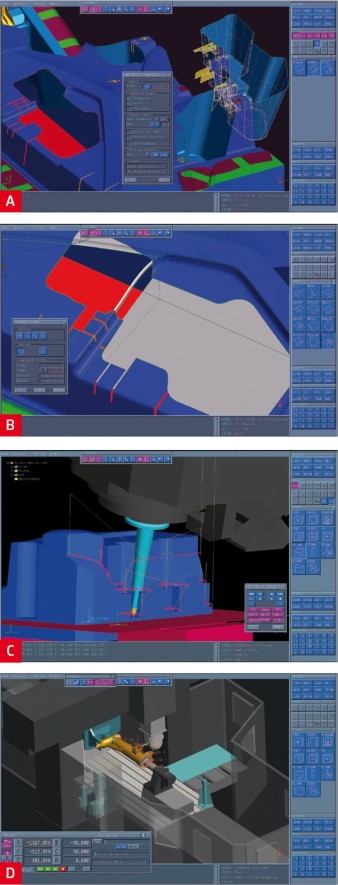 Ukázka práce v CAM softwaru Tebis: (A) snadné oddělení tvarově složitých kapes; (B) vyplnění komplexních otvorů po kapsách; (C) vizualizace zbytkového obrábění po konverzi 3to5AX; (D) simulace obrábění podvozkové nohy na portálovém obráběcím stroji.