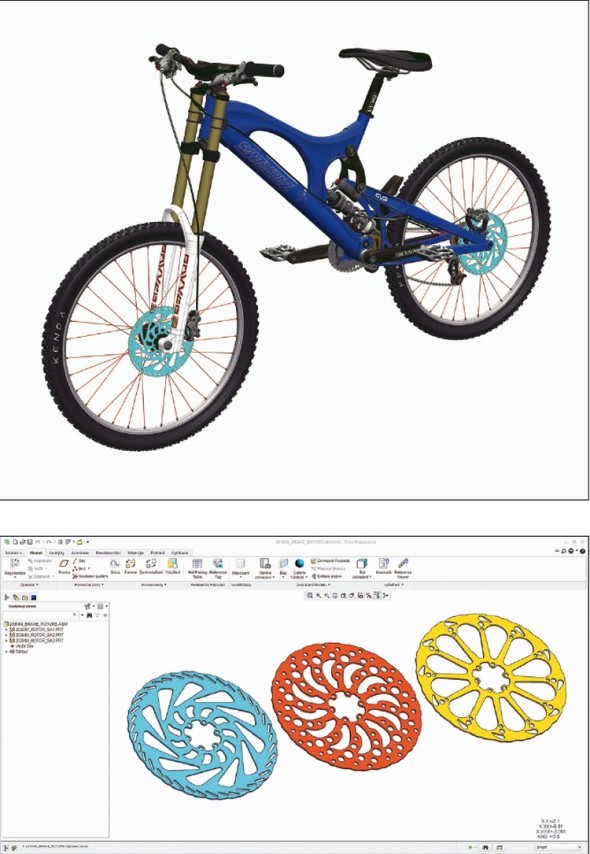 Příkladem jednoduššího řešení výrobkových variant je tvar kotoučové brzdy u horského kola.