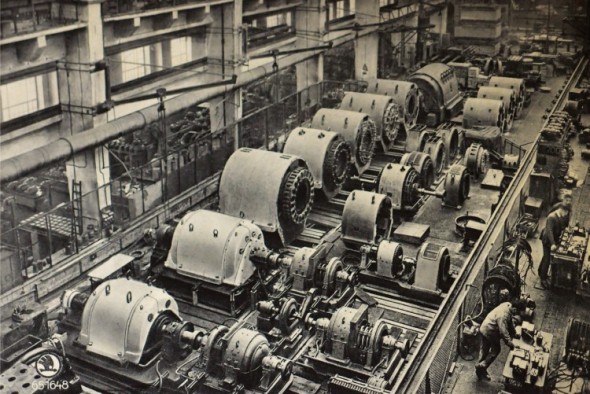 Montovna elektrických generátorů ve Škodových závodech, jež v tomto oboru již v roce 1929 čelily velmi silné konkurenci ze zahraničí.