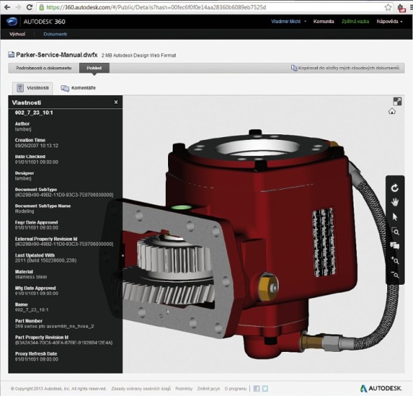 Zobrazení interaktivního 3D CAD modelu v internetové službě pro sdílení dat a on-line spolupráci Autodesk 360.