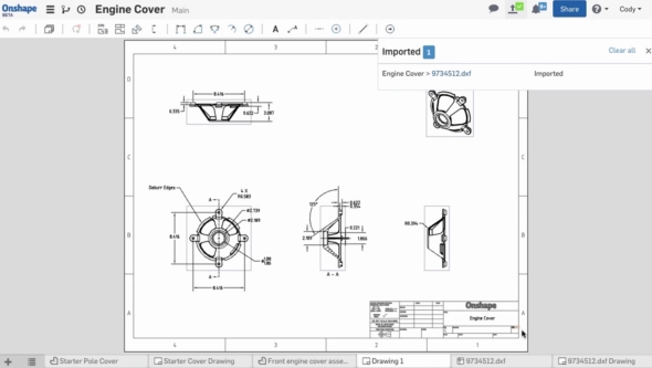 2D výkresovou dokumentaci lze ukládat do populárních formátů DWG, DXF a PDF. Obr.: Onshape