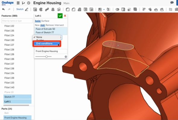 Příkazem Přidání spojením profilů spojité náčrt i s tvarovou plochou. Obr.: Onshape