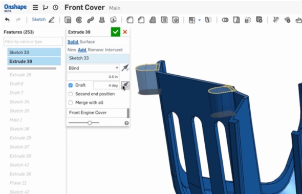 Náčrt vysunete pod zadaným úhlem. Obr.: Onshape