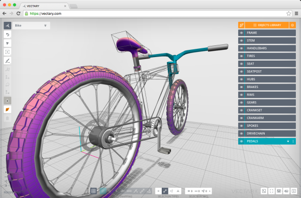 Model jízdního kola v prostředí on-line CAD řešení Vectary. Obrázek: Vectary.com