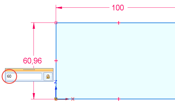 Klikněte na svislou přímku a táhněte doleva. Druhým kliknutím umístěte svislou kótu a definujte velikost entity přímky 60 mm.