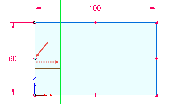 Najeďte kurzorem na středový bod svislém přímky (označená červenou šipkou) a po zvýraznění středového bodu přímky táhnete doprava.