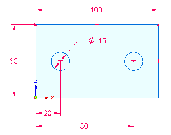 Zakótujte vzdálenost 80 mm mezi levou svislou přímkou a středem pravé kružnice.