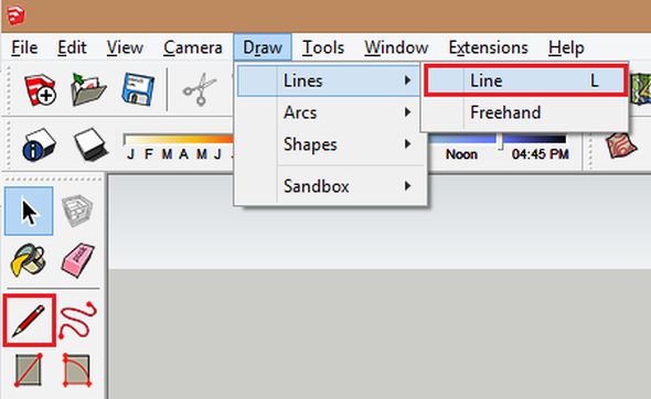 Pro vytvoření kužele použijete funkci Line (Čára). Tuto funkci je možné spustiti v menu Draw (Kreslení) → Lines (Čáry) → Line (Čára). Alternativně je možné kliknout i na ikonu pro spuštění funkce kreslení čáry.