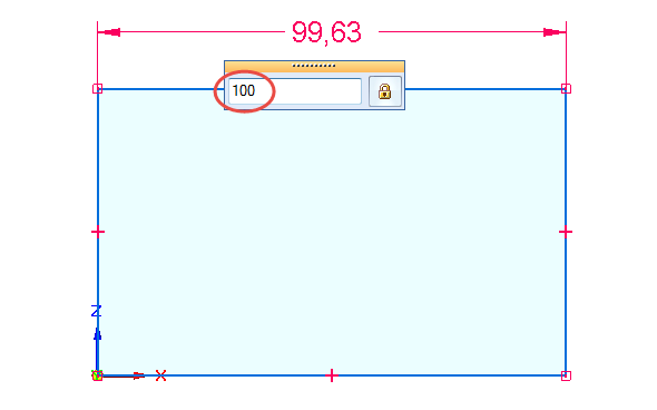 V plovoucím okně definujte velikost entity přímky 100 mm a potvrďte klávesou Enter.