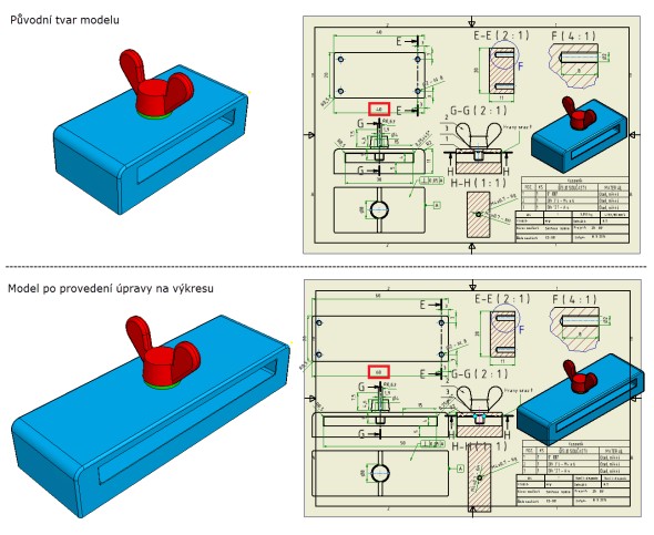 Změna 3D modelu úpravou kót ve výkrese: prodloužení dílu ze 40 na 60 mm