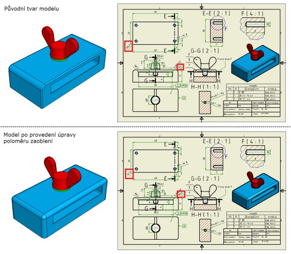 Změna 3D modelu úpravou kót ve výkrese: úprava poloměru zaoblení hran na R 1,5 mm