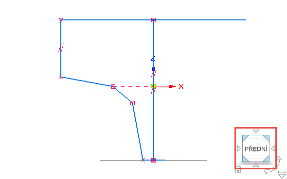 Přepněte se poziční krychlí do pohledu Přední a znovu vyvolejte příkaz 3D čára, nakreslete hrubý tvar druhé trajektorie nálevky, přitom dbejte na spojení obou profilů (viz obrázek)