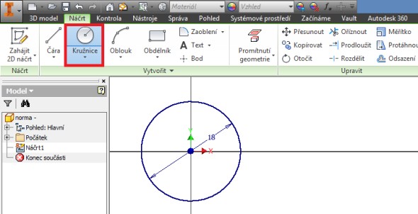 Vytvořte kružnici o průměru 18 mm. Průměr představuje opsanou kružnici vrcholů polygonu tvořícího hlavu šroubu