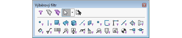 Z počtu funkčních tlačítek na panelu nástrojů Výběrový filtr je zřetelné, že lze filtrovat i jiné entity – např. hrany, plochy, povrchová nebo objemová těla