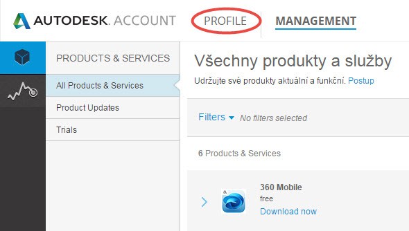Přihlaste se do vzdáleného uživatelského prostředí Autodesk Account a klikněte na tlačítko Profile v horní části nabídky