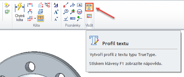 Jakmile máte nakreslenou konstrukční kružnici, zvolte příkaz Profil textu ze záložky Tvorba skici → Vložit