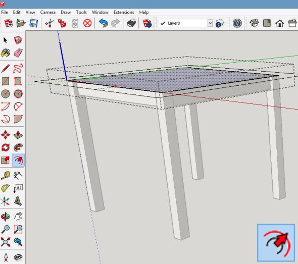 Komponentu deska stolu editujte a pomocí funkce Odsadit (Offset) vytvořte potřebný přesah stolu nad půdorysem sestavy noh stolu