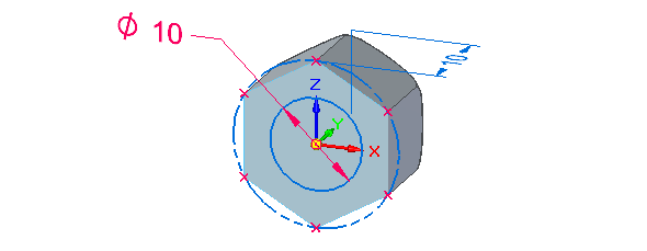 Na přední ploše modelu naskicujte kružnici se středem v ose o průměru 10 mm