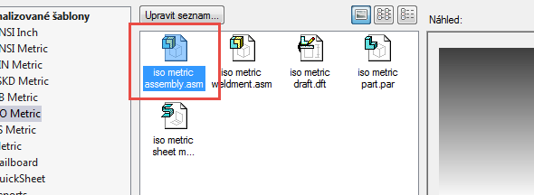Založte nový dokument iso metric assembly.asm, tím se dostane do prostředí pro skládání komponent