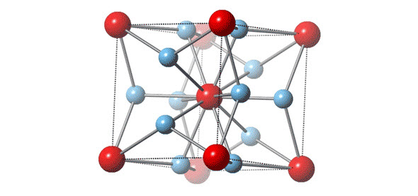 Krystalická struktura slitiny titanu a zlata v poměru 3:1. Zdroj: Rice University News and Media