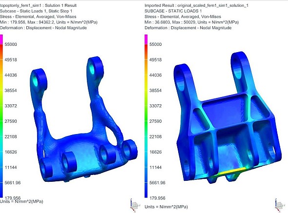 Porovnání pevnostních analýz: bionická, lehká kovová konstrukce (vlevo) a standardní návrh (odlitek). Obrázek: Siemens PLM Software