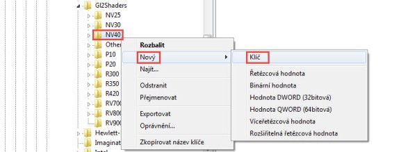 NVIDIA, klikněte pravým tlačítkem na složku NV40 a z kontextového panelu vyberte příkaz Nový → Klíč,