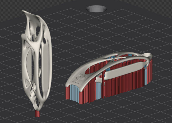 Vhodně umístěný model s bionickou konstrukcí na substrátu (vlevo) eliminuje počet podpor. Obrázek je pořízený z řešení QuantAM, který vyvíjí společnost Renishaw pro programování 3D tisku kovů na vlastních strojích Renishaw AM. Foto: 3d-tisk-kovu.cz