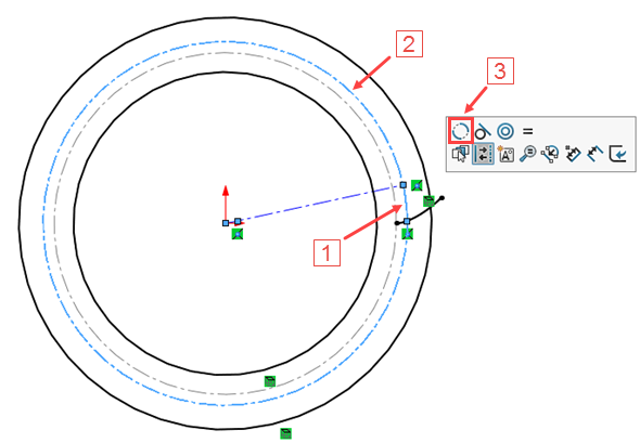 Stiskněte klávesu Ctrl, označte vytvořený oblouk (1), roztečnou kružnici (2) a z kontextové nabídky vyberte vazbu Kolineární (3)