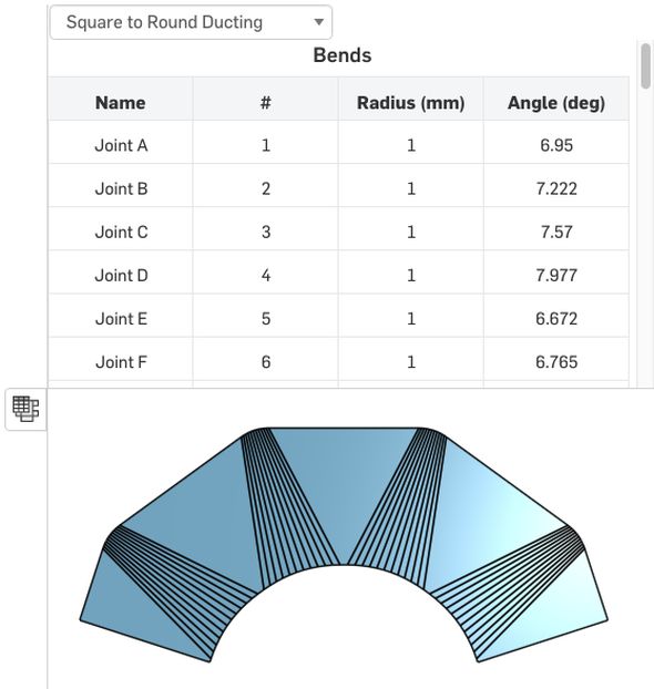 V Onshape využijete i plechové spojení profilů. Podkladem k výrobě je pak tabulka ohybů s poloměry a úhly ohybů. Obrázek: Onshape