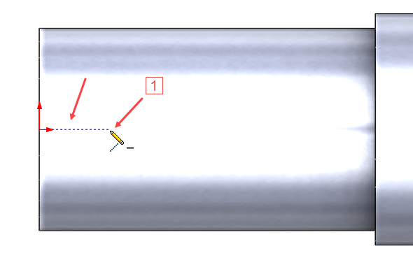 Kliknutím umístěte počáteční bod osy drážky v místě jako na obrázku (1) tak, abyste viděli modrou čárkovanou čáru ve směru od počátku