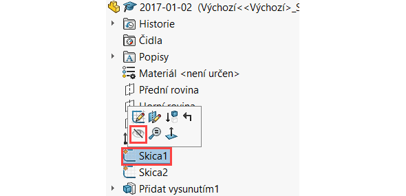Ve FeatureManageru klikněte na skicu Skica1 a z kontextového okna vyberte příkaz Skrýt (opakujte i u skici Skica2)
