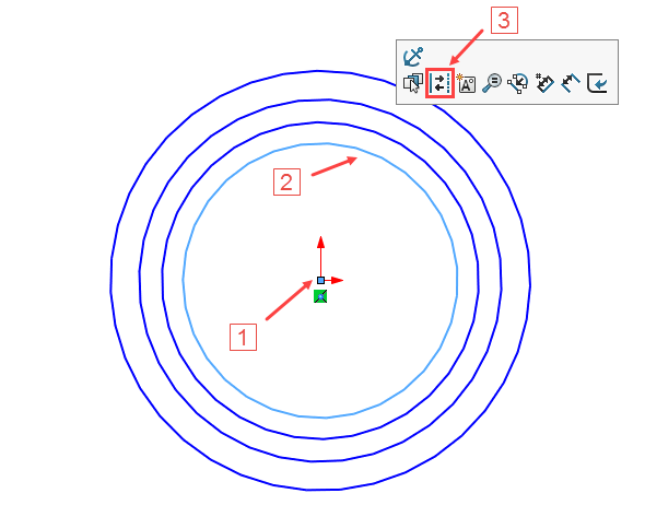 Nakreslete čtyři kružnice se středem v Počátku (1). Klikněte levým tlačítkem na kružnici (2) a z kontextové nabídky vyberte možnost Konstrukční geometrie (3), tento postup opakujte všech kružnic