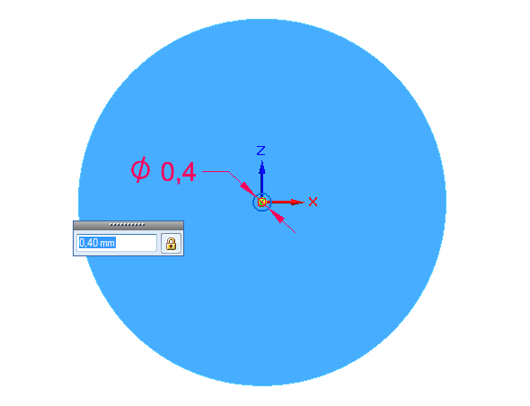 Zvolte příkaz Kružnice středem a vytvořte kružnici o průměru 0,4 mm na vytvořenou rovinu