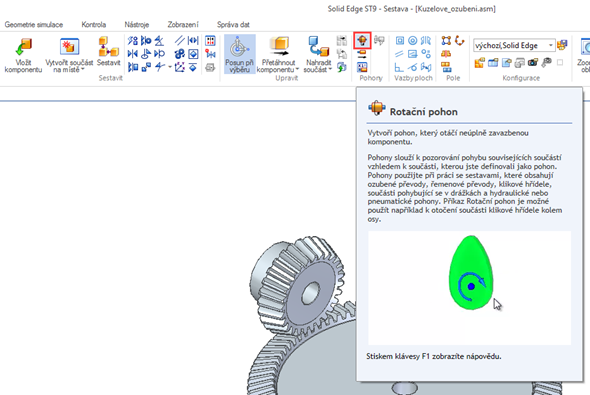 Pro přidání rotačního pohonu vyberte příkaz Rotační pohon ze záložky Domů → Pohony