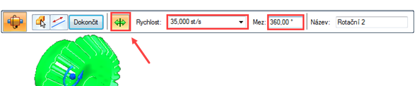 V plovoucím okně nastavte rychlost rotace 35 stupňů za sekundu. Nastavte mez na 360 stupňů, aby se pastorek stále otáčel. Klikněte na tlačítko Obrátit směr a dokončete úpravy tlačítkem Dokončit
