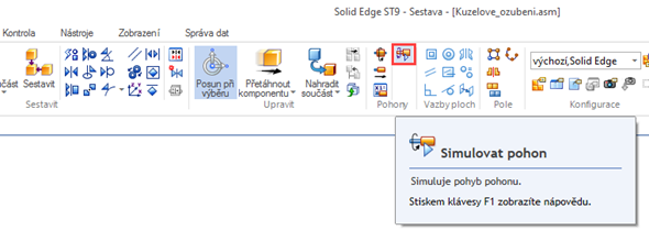 Pro vytvoření simulace rotačního pohybu vyberte ze záložky Domů → Pohony příkaz Simulovat pohon