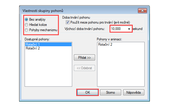 Jakmile spustíte funkci Simulovat pohon otevře se okno Vlastnosti skupiny pohonů. V okně můžete nastavit, jestli hledat kolize v simulaci sestavy nebo sledovat pohyby mechanizmu. Také můžete nastavit dobu trvání pohonu. Pokračujte tlačítkem OK