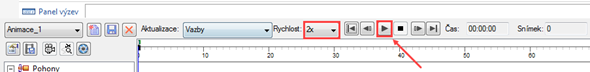 Pod panelem výzev se vytvoří nový panel pro ovládání animace. Nastavte rychlost na 2× a stiskněte tlačítko Play